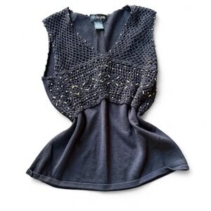 Style & Co Black Top M Crochet Boho Y2K Gold Detail Sleeveless Vintage 00s
